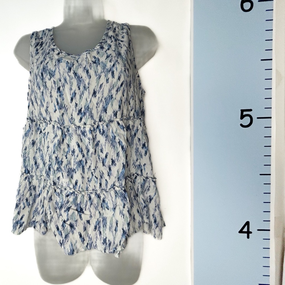 Floral & Ivy White Blue Strokes Sleeveless Tiered Cottagecore Blouse Small